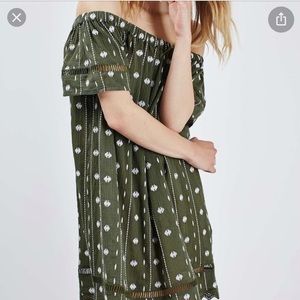 Topshop olive green off the shoulder dress